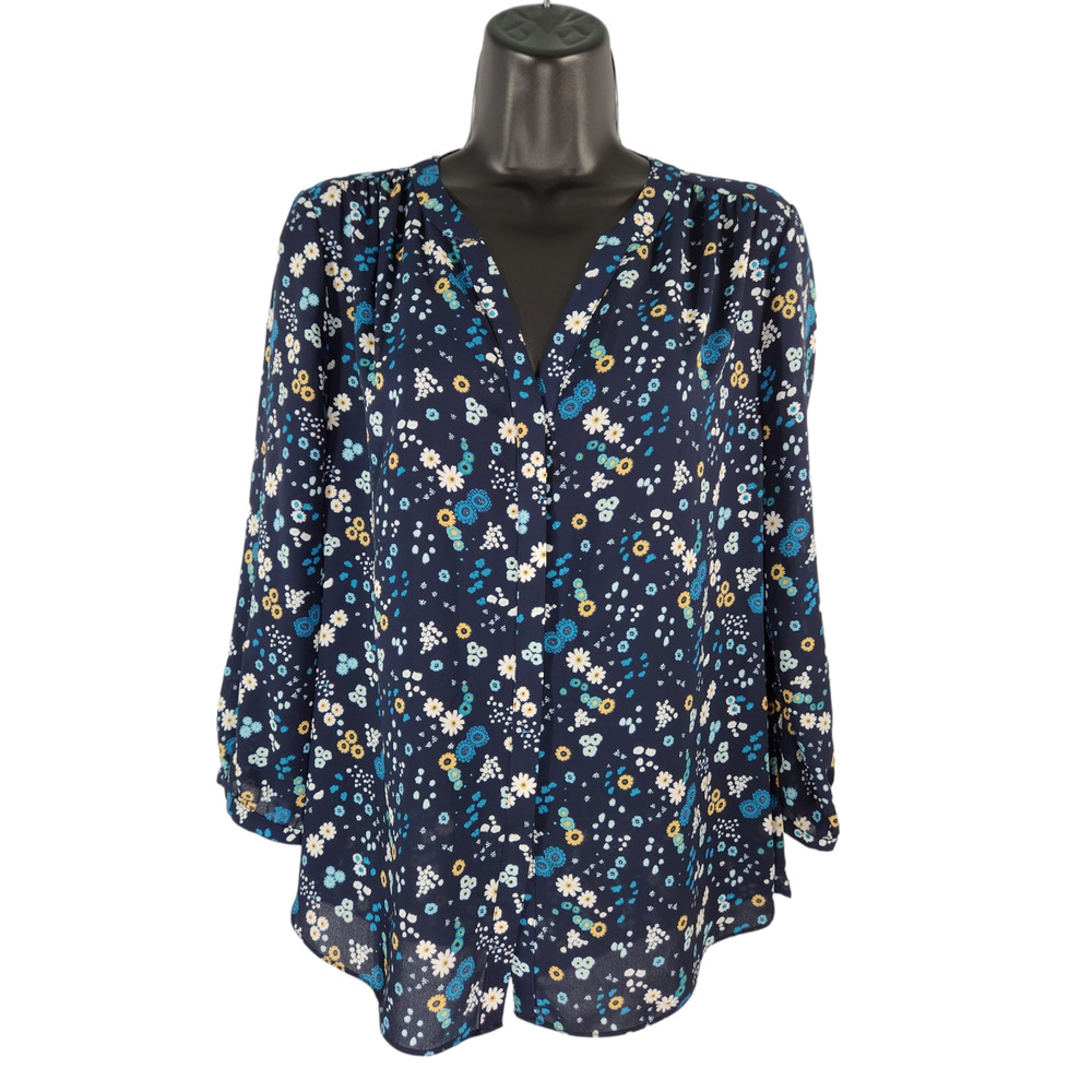 NYDJ Womens XS Pintuck-Back Blouse Navy Yellow White‎ Floral 3/4 Sleeve V-Neck
